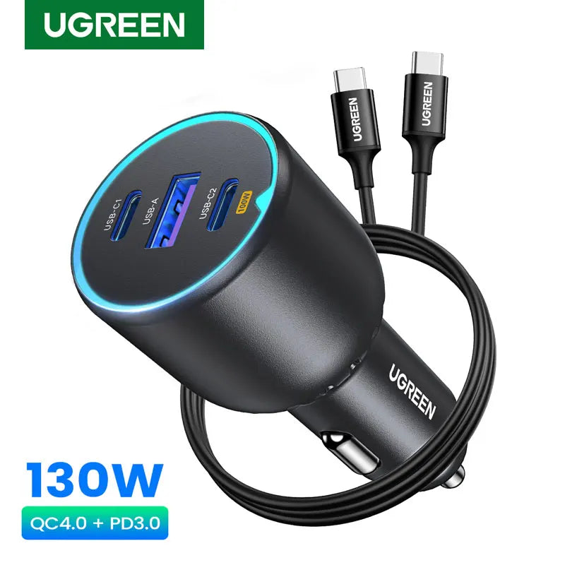 UGREEN 130W USB C Fast Car Charger with PD Cable for For Xiaomi iPhone 17 Samsung Galaxy S25 Laptops Fast USB C Car  Charger QC4