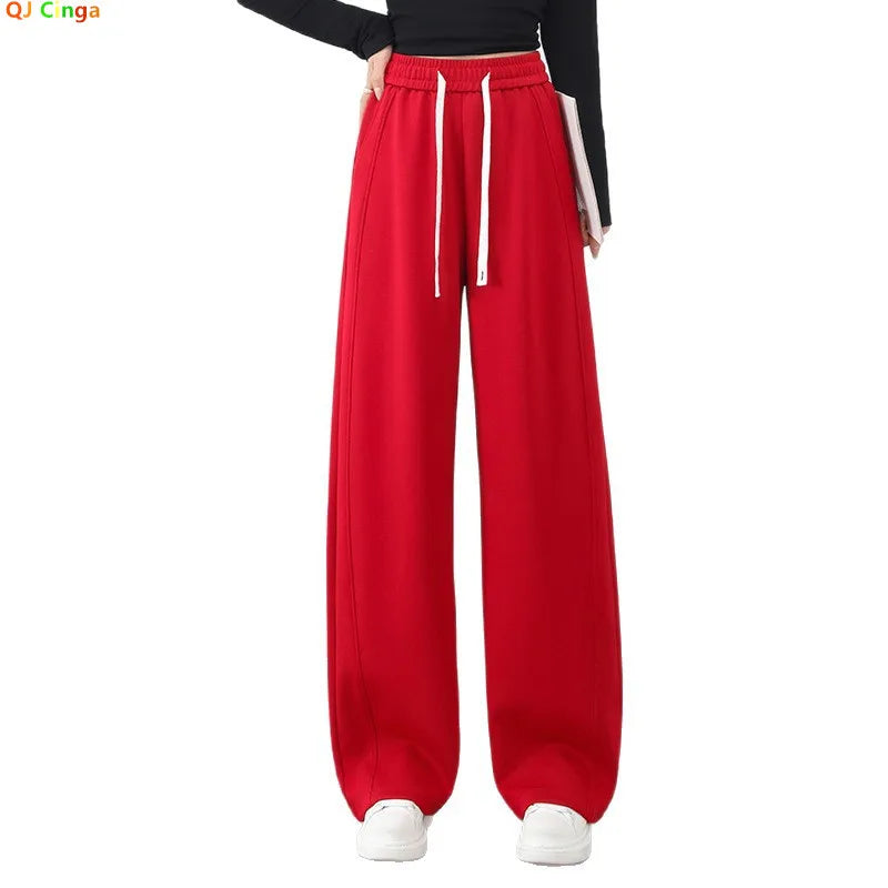Bright Red Women's High-waisted Wide-leg Pants; Black Athletic and Casual Trousers for Spring and Fall; Asian Sizes S–XXL.