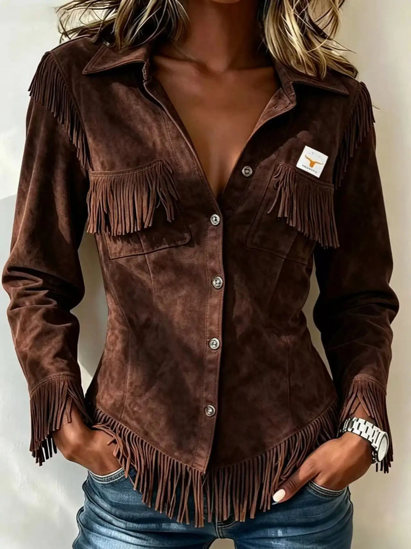 Women's Brown Long-sleeve Collared Shirt with A Slight Stretch, Made of Corduroy Fabric; Available in White or Gray.