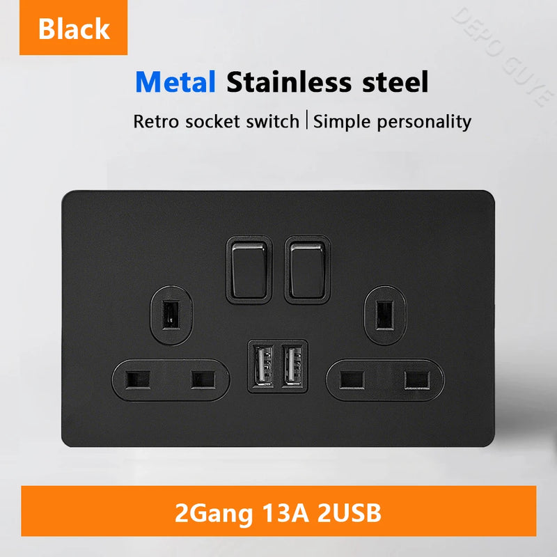Black Retro Toggle Wall Light Switch Socket,Stainless Steel Universal UK Electrical Outlets with USB Type-C charging For Home