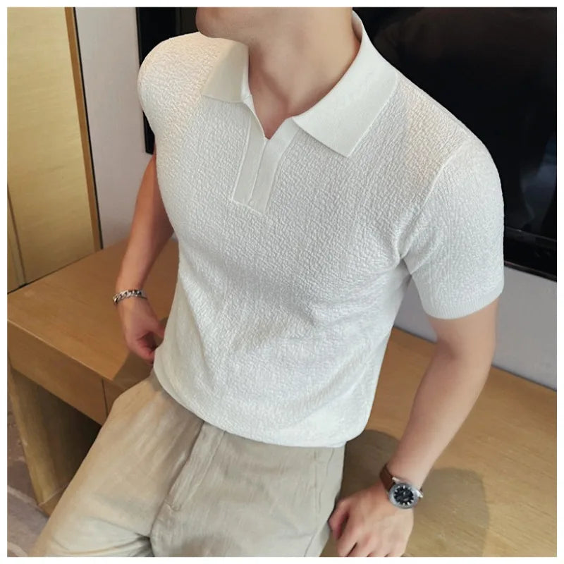 Men's Summer Cooling Ice-Silk High-Stretch Polo Shirt – Breathable Slim-Fit Short Sleeve Business Casual Top with Textured Knit