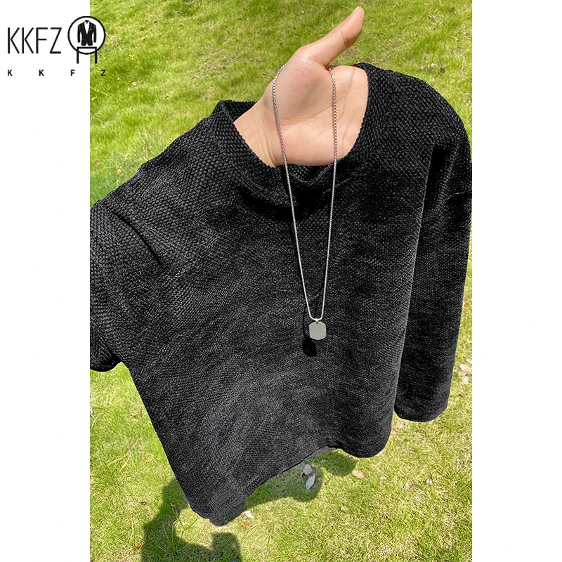 Male Street Fashion Long Sleeve Knit Shirt Crew Neck Vintage Washed Dye Gradient Texture For Outdoor Hangout Wear