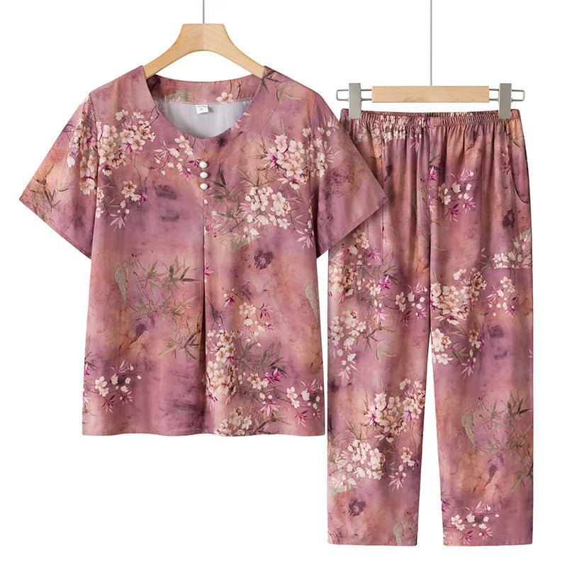 ឈុតខោសម្រាប់ស្ត្រី XL-4XL ឈុតអាវដៃខ្លីបោះពុម្ពថ្មី ឈុតគេងពេលយប់បែបវីនថេច សម្លៀកបំពាក់សម្រាប់ម្តាយវ័យកណ្តាលនៅផ្ទះ