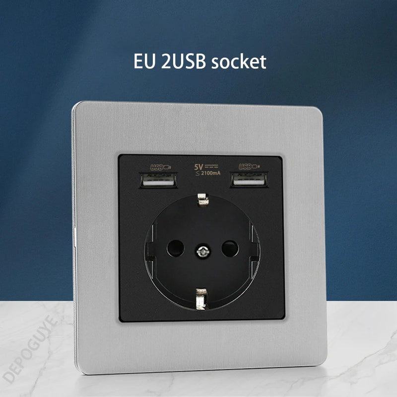 Wall Light Toggle Retro Switch Panel 1-4 Gang 2 Way EU Silver Gray Brushed Stainless Steel Antique Switch Outlet with USB Chargi