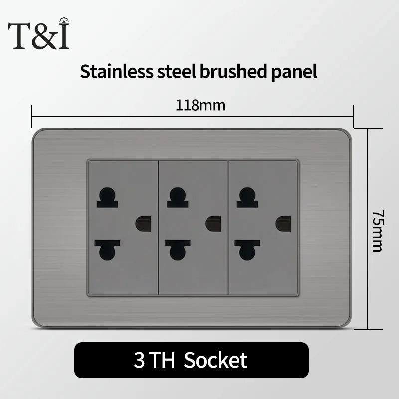T&I 118 Premium Stainless Steel Brushed Wall Socket with USB Type - C, US Switch, Thai Plug for Home & Office Use