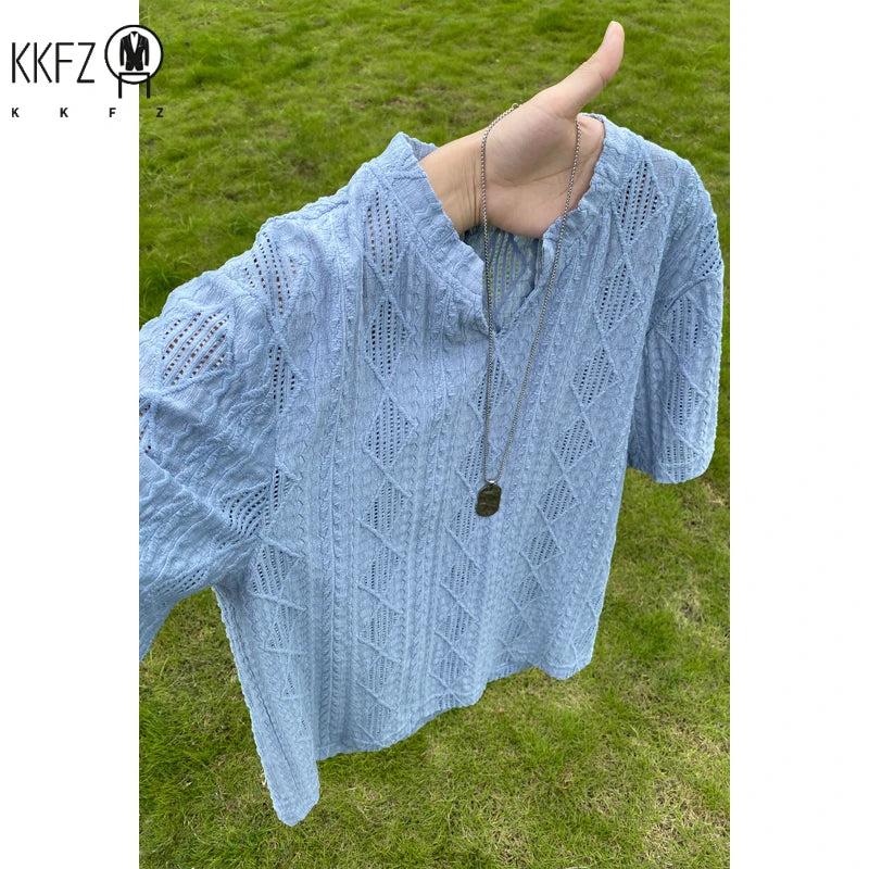 Men Casual Henley V Neck Short Sleeve Top Hollow Jacquard Weave Breathable Cloth For Street Daily Matching Scenarios