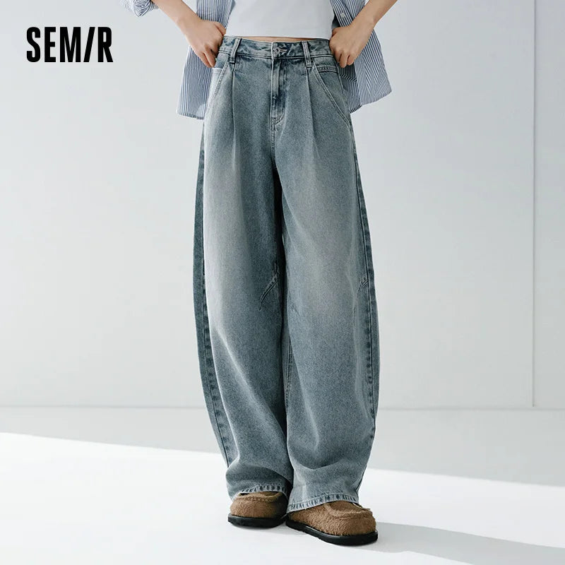 Semir Wide Leg Pants Denim Spring Pleated Loose Casual American Street Style Comfortable Trendy Casual Fashion Women 2026