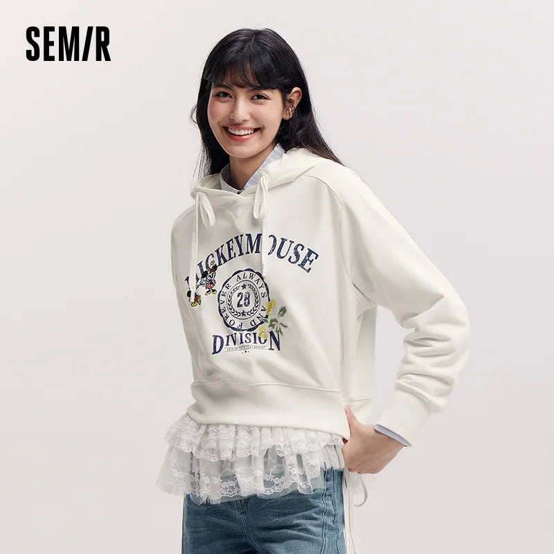 Semir Retro Hoodie Women Spring Short Patterned Loose Hooded Unique Design Casual Fashion Comfortable Daily Wear Top