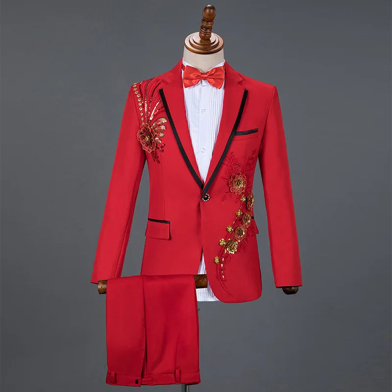2026 New Men's Red Two-Piece Suit: Embroidered Jacket Paired with Matching Trousers, Perfect for Weddings, Parties, Performances