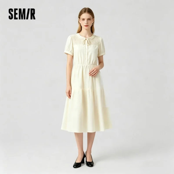 រ៉ូបស្ត្រី Semir ដៃអាវប៉ោង ក ចរ មីឌី បារាំង ឆើតឆាយ រដូវក្តៅ 2026 រ៉ូមែនទិក ទន់ ស្រួលពាក់ អាវប្រចាំថ្ងៃ