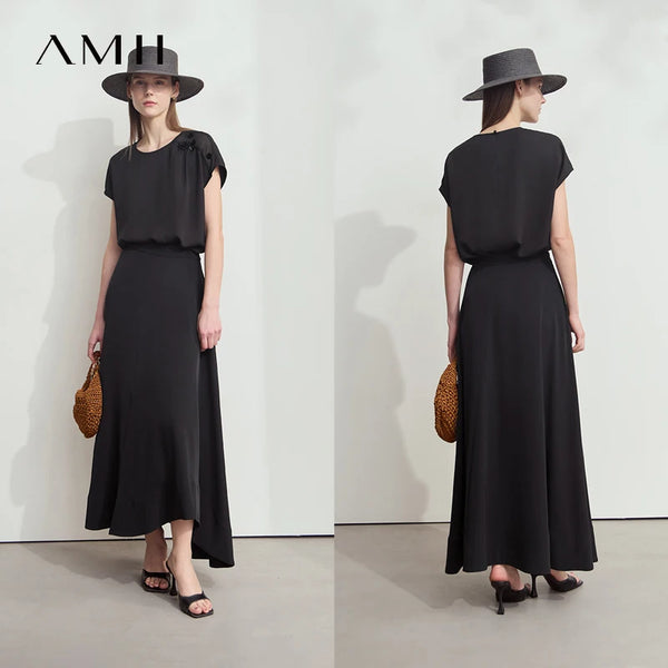 Amii Women Minimalist Blouse 2026 Summer New Solid Color O-Neck Elegant Chiffon Tops Loose Short Sleeves Flower Blouse 12512026