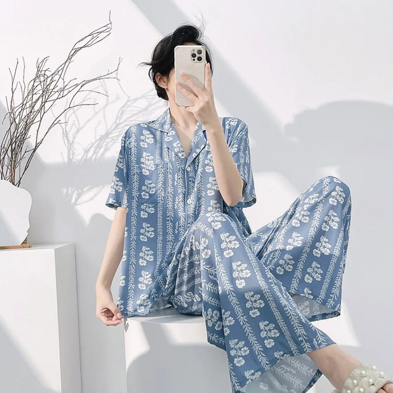 Floral Pajamas Woman Summer Night Wear Ladies 2 Piece Pijama Cardigan Lapel Short Sleeve Homewear Loungewear Home Suit 2026 New