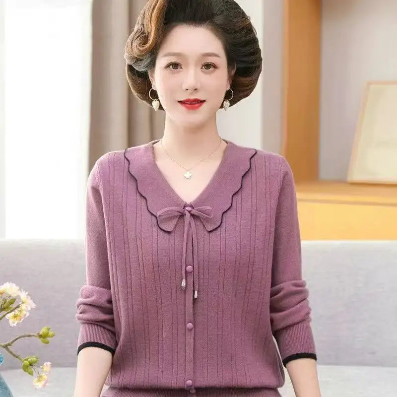 Pulls Femmes New Lapel Long Sleeve Shirt Spring Autumn Woolen Sweater Women Elegant Mother Knitwear Tops Pullover Jumper
