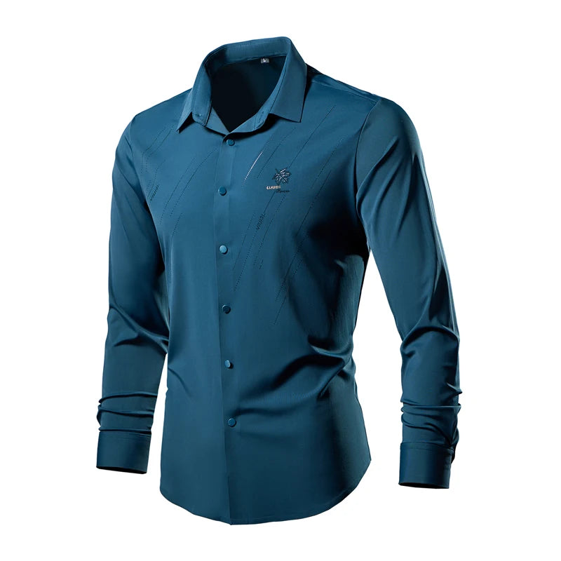 2026 New Men's Black Long Sleeve Shirt, Single Breasted Square Collar Stretch Shirts, White Blue Red Blouse, Asian Size M-6XL