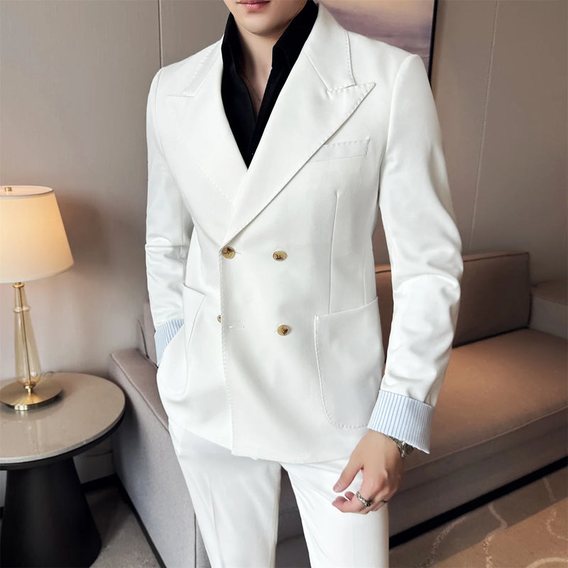 Men's Fashionable Thin Suit Jacket,  Fake Two-Piece Design, Cuffed Sleeves with Striped Turn-ups~ Trendy