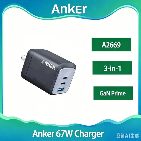 ឆ្នាំងសាក Anker Prime 67W GaN MultiPort USB-C PD Fast Charger ដុំសាកបត់បាន ទំហំតូច A2669 សម្រាប់ MacBook Laptop IPhone Samsung