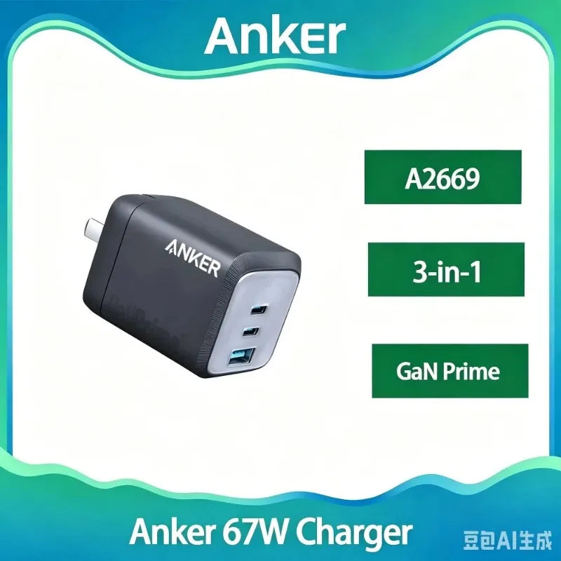 ឆ្នាំងសាក Anker Prime 67W GaN MultiPort USB-C PD Fast Charger ដុំសាកបត់បាន ទំហំតូច A2669 សម្រាប់ MacBook Laptop IPhone Samsung