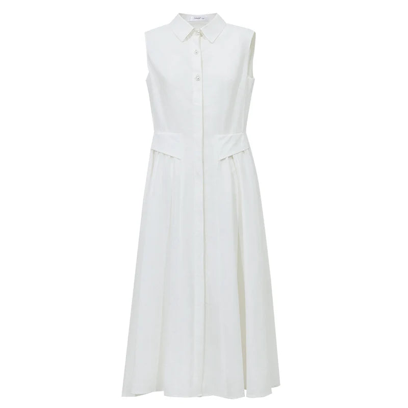 Amii Long Dress 2026 Summer New Lapel Collar Pearl Button Jacquard Elegant Office Slim Fitted Waist Dress For Women 12652025
