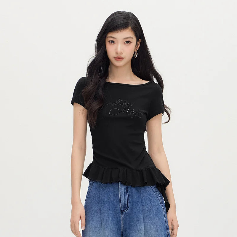 Semir Women Tshirt One Shoulder Ruffle Rhinestone Cropped Top 2026 Summer Fashion