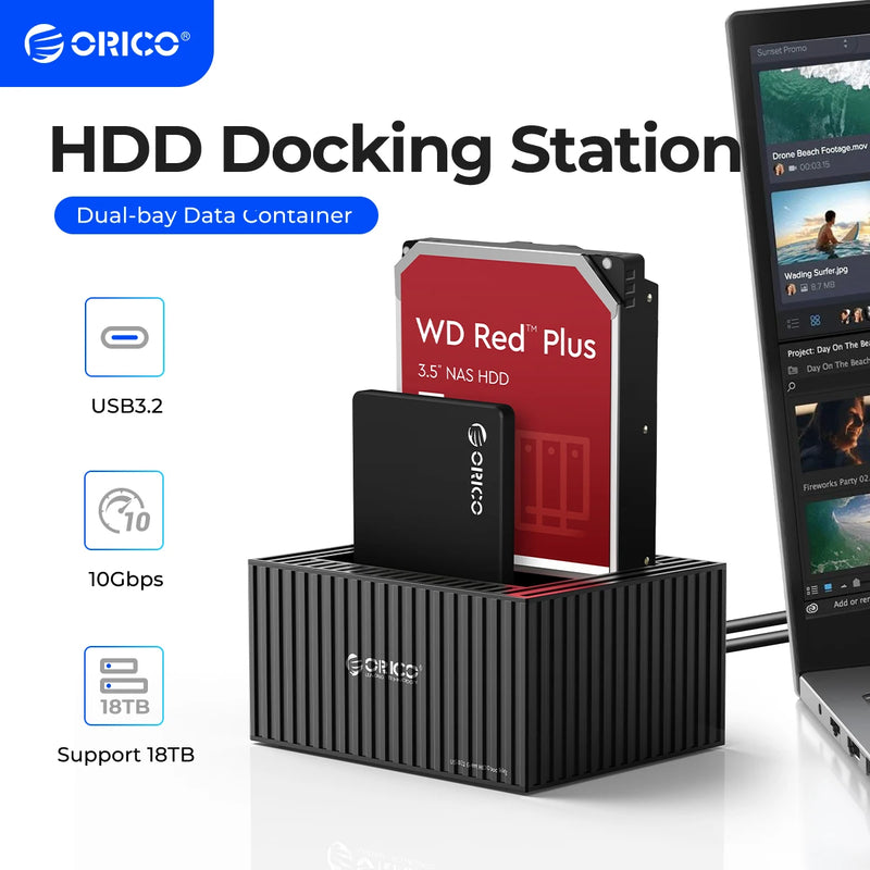 ORICO 3.5 Inch Dual-bay Type-C 5Gbps Hard Drive Docking Station for 2.5/3.5" HDD/SSD with 12V3A Power UASP Container Design