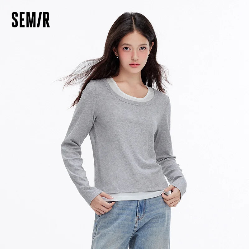 Semir Women Tshirt Slim Long Sleeve Patchwork Faux Two Piece Layering Base Top Autumn Casual Style Daily Wear 2026