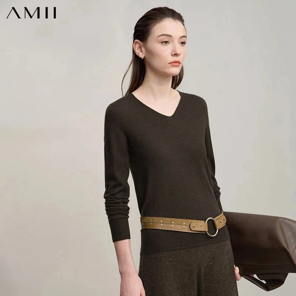 AMII Women's Sweater 2026 Autumn New Versatile V-neck Solid Women's Clothing Wool Sweater Basic Long Sleeves Top Female 12523164