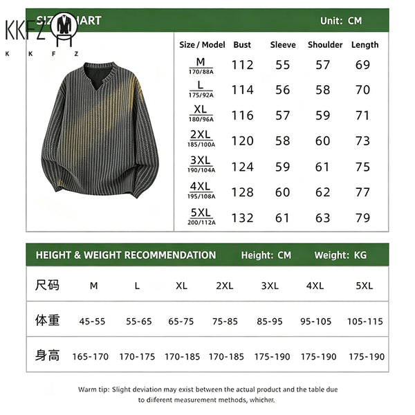 Men Casual Textured Knit Long Sleeve Tee V Notch Collar Vertical Stripe Oversized Fit Male Streetwear Top
