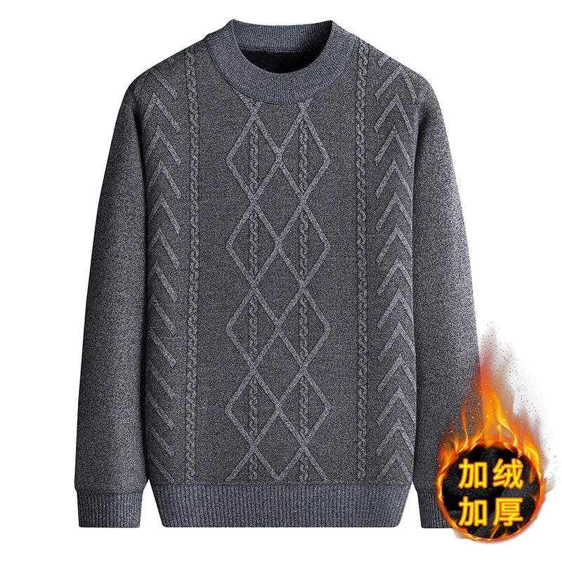Thick Fleece Men Crew Neck Jumper Vintage Cable and Diamond Woven Texture Soft Knit Fabric Outdoor Daily Warm Top