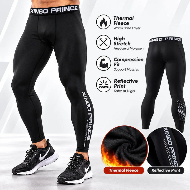 Men's Thermal Fleece Leggings Winter Warm Compression Tights High Stretch Running Gym Training Base Layer Pants
