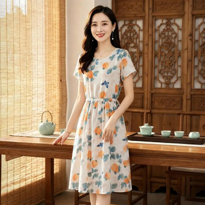 រ៉ូបផ្ការដូវក្តៅ O-Neck Midi រ៉ូបសម្រាប់នារីទាន់សម័យ ឈុតឆ្នេរខ្សាច់បែបសាមញ្ញ រ៉ូប Bodycon សម្រាប់ពិធីជប់លៀង និងពិធីជប់លៀង