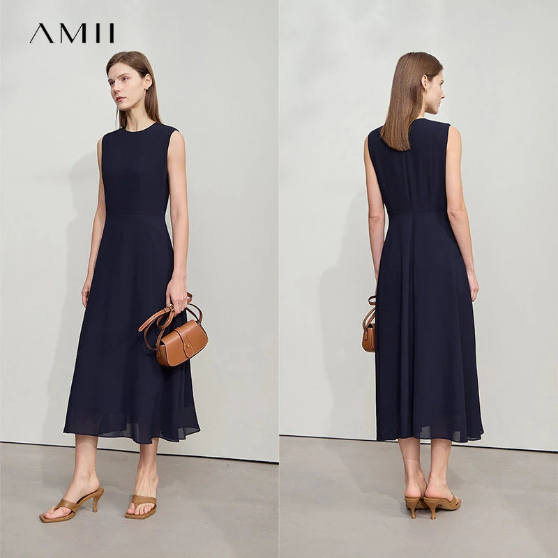រ៉ូប Amii Minimalist ដៃខ្លីសម្រាប់នារីៗ រដូវក្តៅឆ្នាំ ២០២៦ រ៉ូបការិយាល័យថ្មី ក O ឆើតឆាយ ស្ដើង ផាសុកភាព រ៉ូប Midi ១២៥៥២០២៦