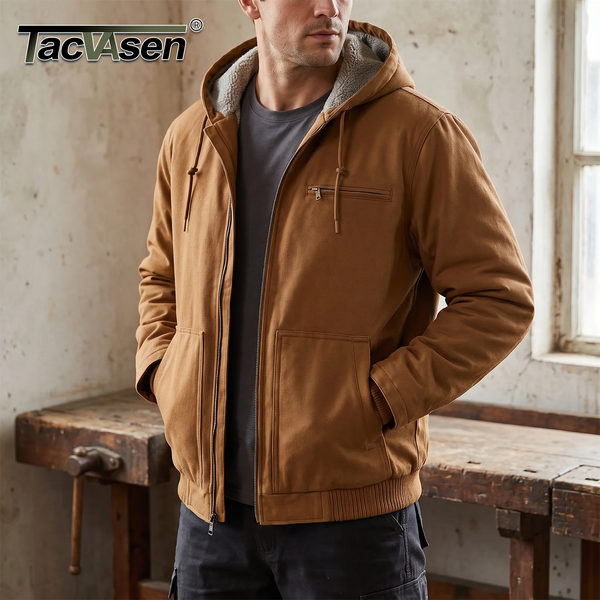 TACVASEN Men's Hooded Work Sherpa Insulated Jacket Winter Fleece Lined Duck Heavy Duty Canva Cotton Coat with Hoodie Waterproof