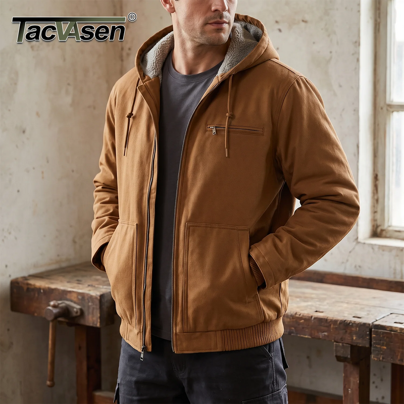 TACVASEN Men's Hooded Work Sherpa Insulated Jacket Winter Fleece Lined Duck Heavy Duty Canva Cotton Coat with Hoodie Waterproof