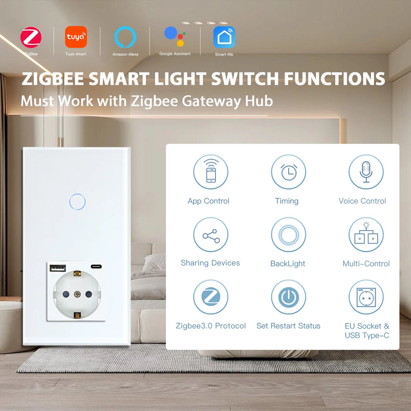 BSEED Tuya Zigbee Smart Switch 1/2/3Gang 1/2/3Way No Neutral Wall Touch Switch Smart Home Control EU Power Socket Without Wifi