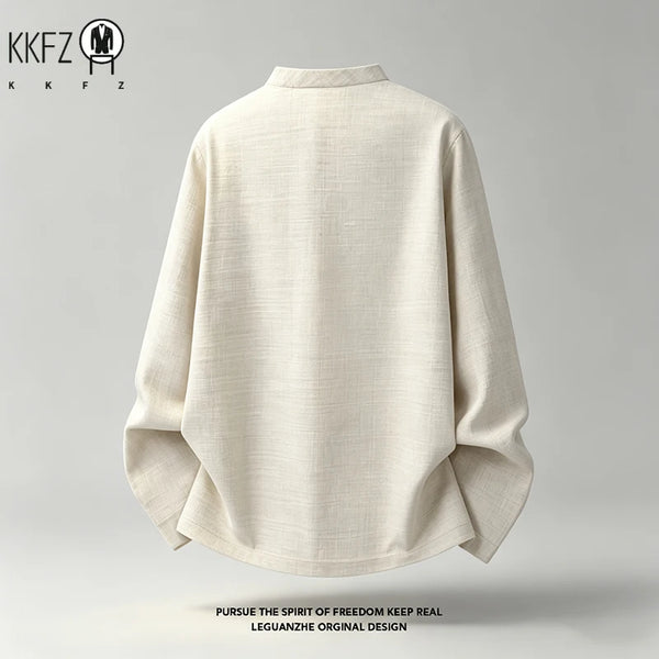 Mens Casual Loose Long Sleeve Top Mandarin Stand Collar V Notch Neck Linen Woven Breathable Fabric Wear