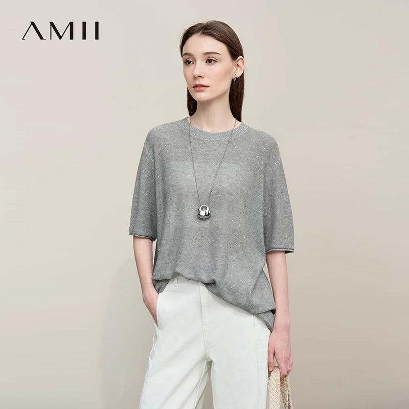 អាវយឺត Amii សម្រាប់នារី រដូវស្លឹកឈើជ្រុះ ឆ្នាំ២០២៦ អាវយឺតកមូលដៃមធ្យម អាវក្រៅរលុង ដៃវែង អាវធំ 12651012