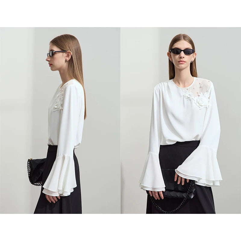 អាវ Amii Chiffon សម្រាប់ស្ត្រី 2026 រដូវស្លឹកឈើជ្រុះម៉ូដថ្មីឆើតឆាយ អាវផ្កាប៉ាក់ អាវដៃវែង 12541014