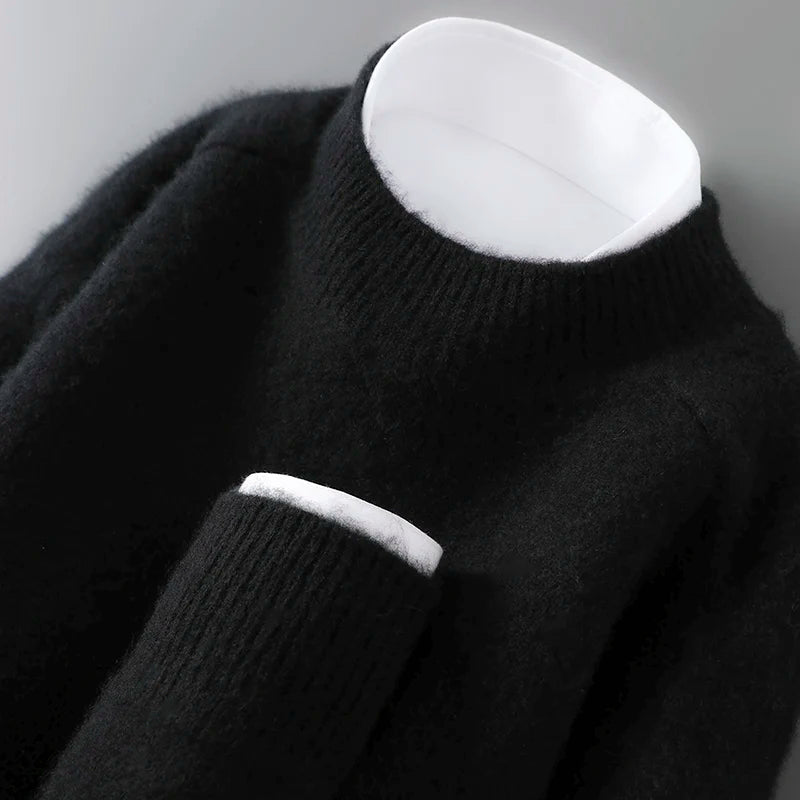 100% Australian Wool Men's New Half Turtleneck Sweater, Flat Seven-Needle Thickened Saddle Shoulder Half High Pullover