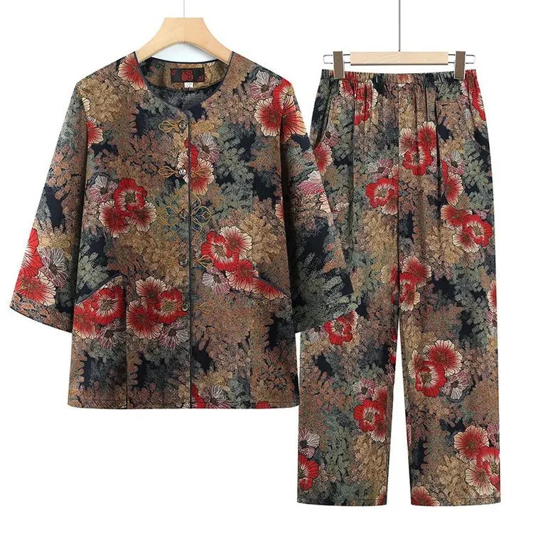 ឈុត Pijama សម្រាប់ស្ត្រី XL-5XL ទំហំធំ រដូវផ្ការីក រដូវស្លឹកឈើជ្រុះ សម្លៀកបំពាក់នៅផ្ទះ ធម្មតា ម្តាយវ័យកណ្តាល ឈុតពីរដុំ ឈុតក្រៅផ្ទះ