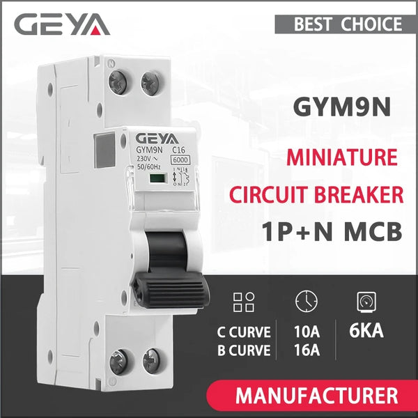 ឧបករណ៍បំបែកសៀគ្វី GEYA GYM9N DPN ខ្នាតតូច MCB 1P+N MCB 10A 16A 220V AC ឧបករណ៍បំបែកសៀគ្វី 6KA ខ្សែកោង C ខ្សែកោង B