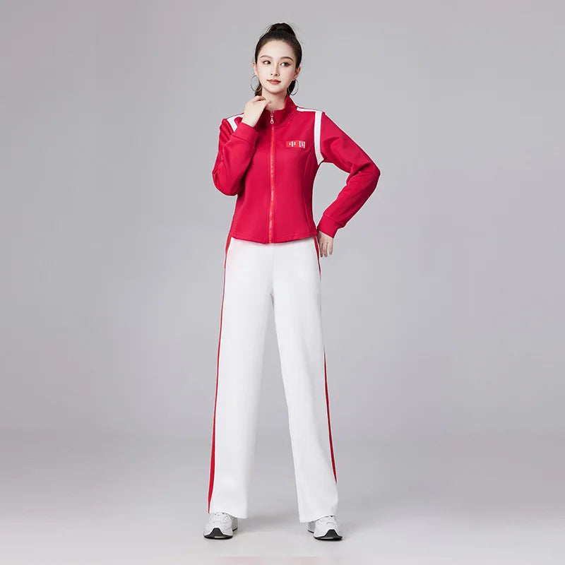 Women's Red Two-piece Sports Set for Spring and Fall, Featuring A Jacket with White Stripes and Matching Pants, Asian Sizes 6XL.