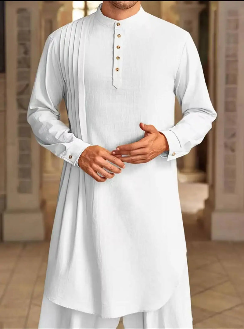 2026 Summer New Style Men's Long Cotton Shirt, Middle Eastern Arab Muslim Robe, Available in White, Black, Blue and Green.