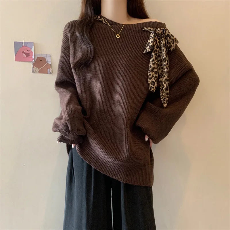 Sweater Female Korean Leopard Print Autumn Winter Soft  Lace-up Off-shoulder Lazy Wind Knitted Top Pullover Jumper Women