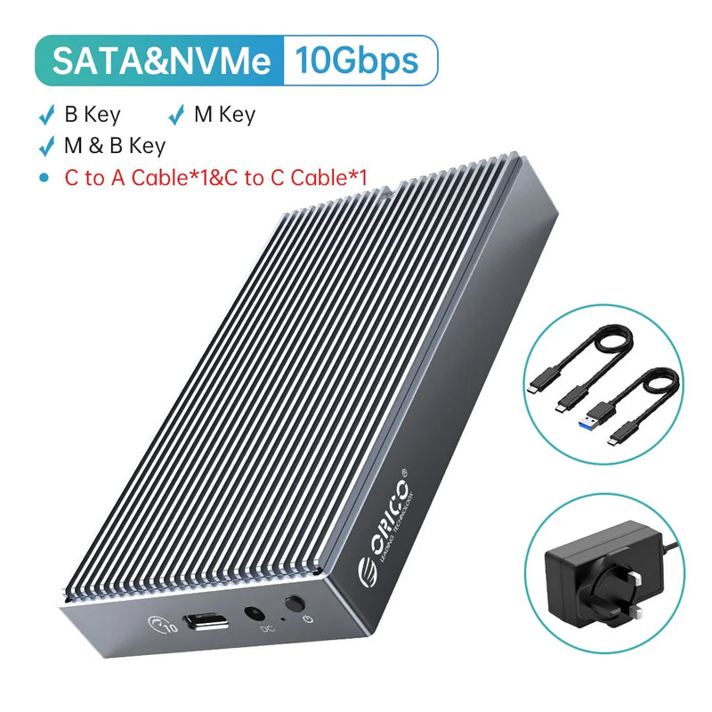 ORICO Dual Bay Dual Protocol M2 SSD Case Support M.2 NVME NGFF SATA SSD Disk For M Key & B+M Key SSD W/ 5V4A Power Adapter