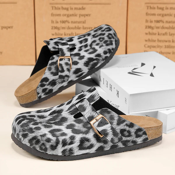 Unisex Leopard Print Cork Slippers Slip-On Backless Clogs Comfort Footbed Indoor Outdoor Sandals for Men and Women