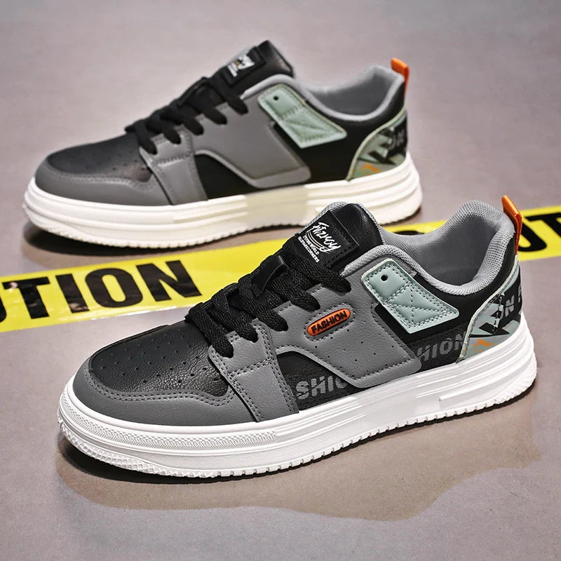 Mens Board Shoes New Leather Splicing Lightweight Snug Fashion Street Style Outdoor Low Top Casual Sports Flat Walking Shoes