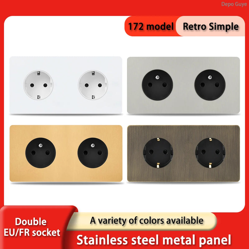 172 Type Retro Double EU French Metal Wall Power Socket Panel,Black/White Brushed Stainless Steel Antique Outlet Brass For Home