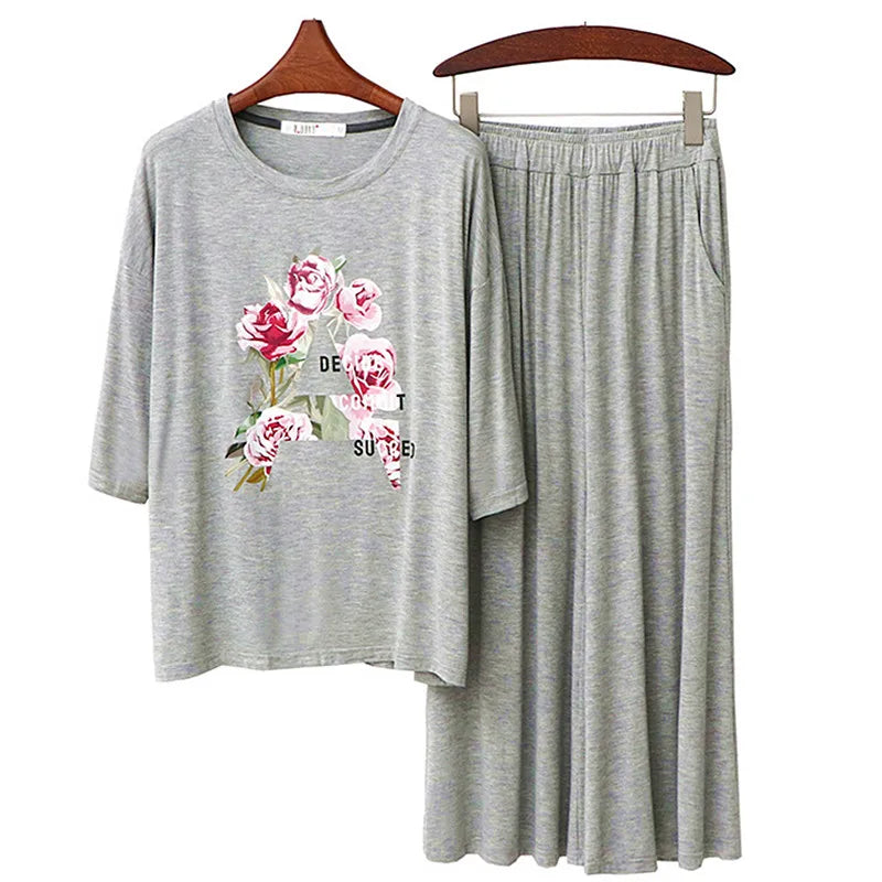 Spring Summer Round Neck Half Sleeve Capris Set Flower Print Home Wear Suit Women's Pajamas Modal Ladies Sleepwear Clothes