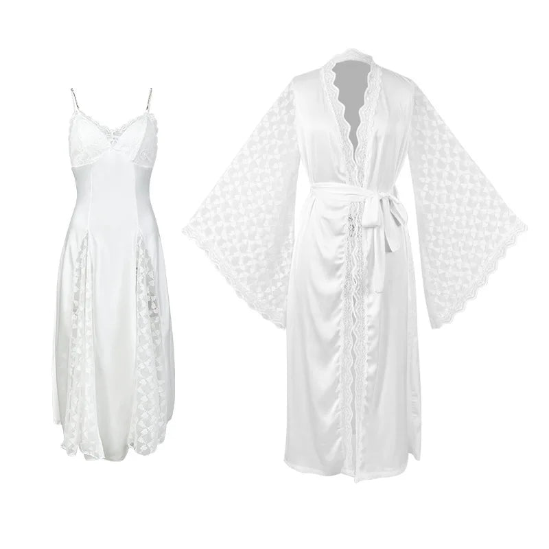 Elegant Satin Lace Chest Pads Two-piece Set Long-sleeved Sleepwear Loungewear Nightdress Room Wear Women's Pajamas and Robes