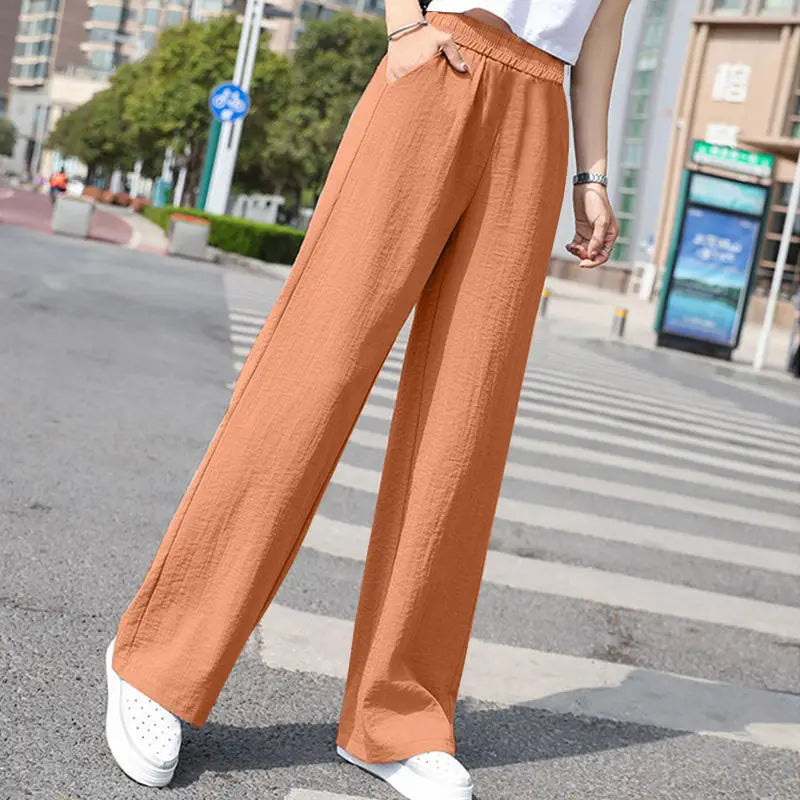 Women's Purple High-Waisted Wide-Leg Pants, Summer Lightweight Trousers, Asian Sizes S-3XL, Available in Beige, Orange, Black.